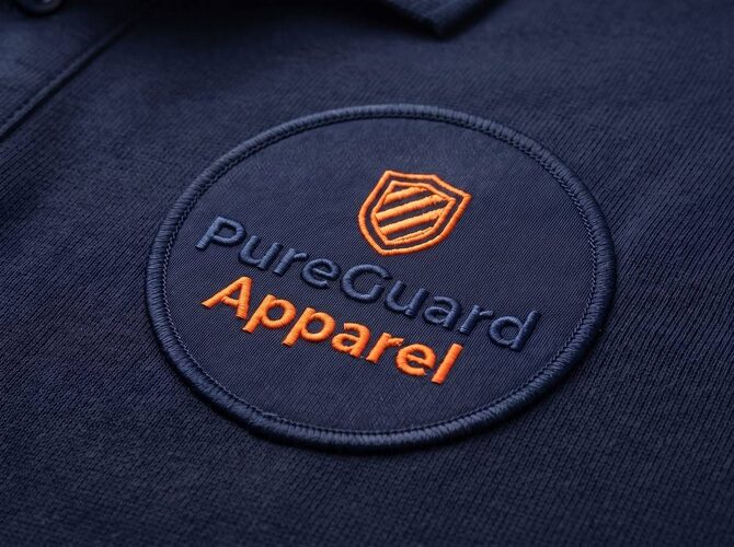 Close-up of a premium embroidered badge on navy fabric