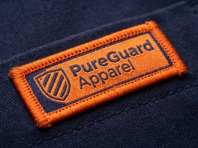 Overlocked merrowed-edge woven badge with the PureGuard shield