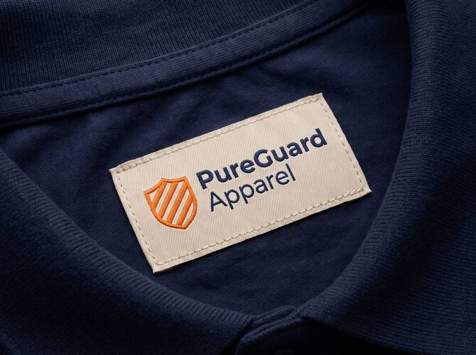 Close-up of a printed woven label on navy fabric